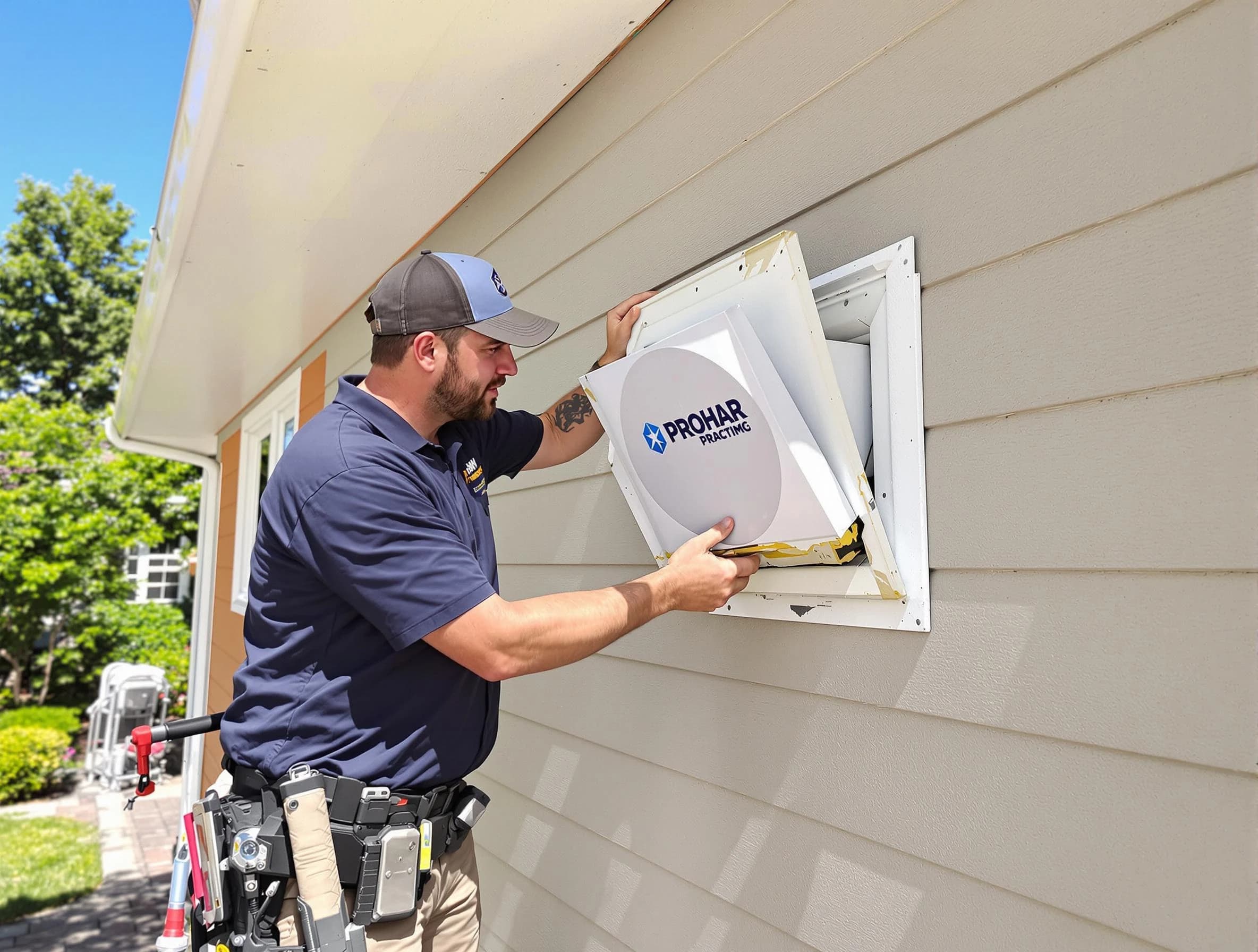 Mansfield Dryer Vent Cleaning technician installing a new protective dryer vent cover on a home in Mansfield
