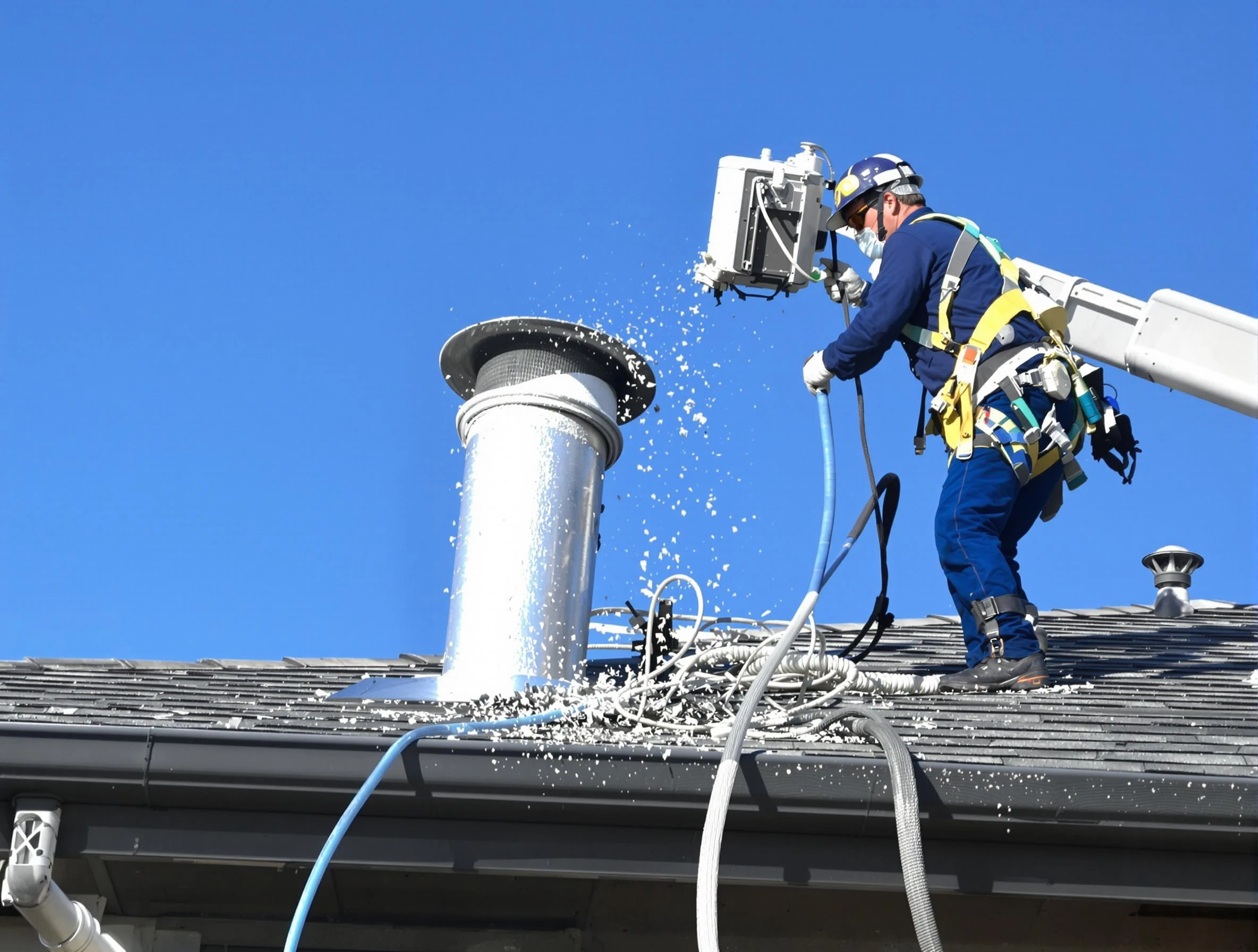Mansfield Dryer Vent Cleaning certified technician safely cleaning a roof-mounted dryer vent in Mansfield